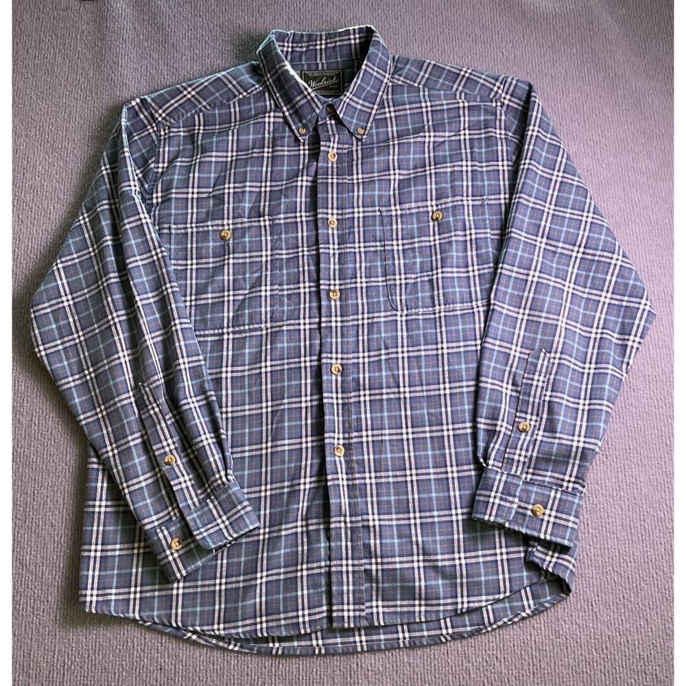 Woolrich Men's L Wool Plaid Button-Down Button-Up Shirt w/ Pockets Blue